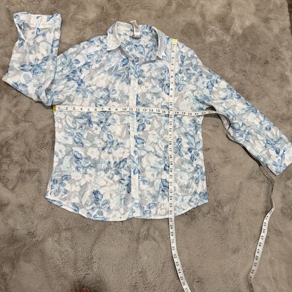 Chico’s Women Floral Button-Up Shirt Blue White Sheer Long Sleeve Blouse Size L - Picture 8 of 11